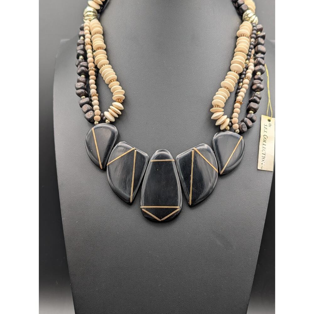 Vintage Bib Necklace Brass Inlay Wood Large Statement S.E.I. Collection NWT